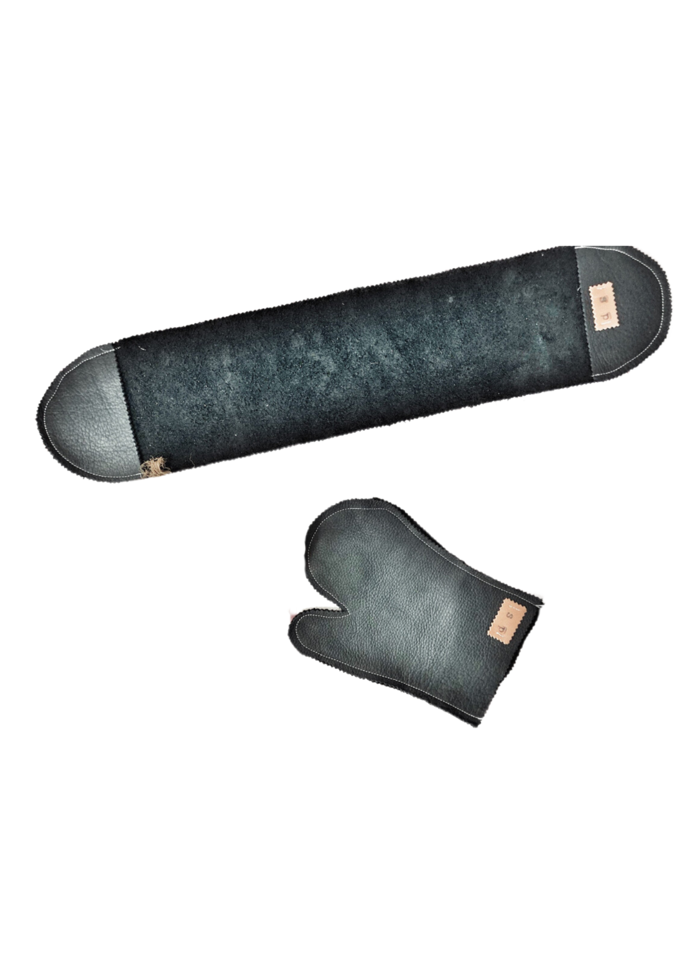 "Poccio" Set of Full Grain Leather Gloves and Pot Holders with Stamped Initials