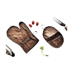 Set of Full Grain Leather Gloves and Pot Holder with Stamped Initials