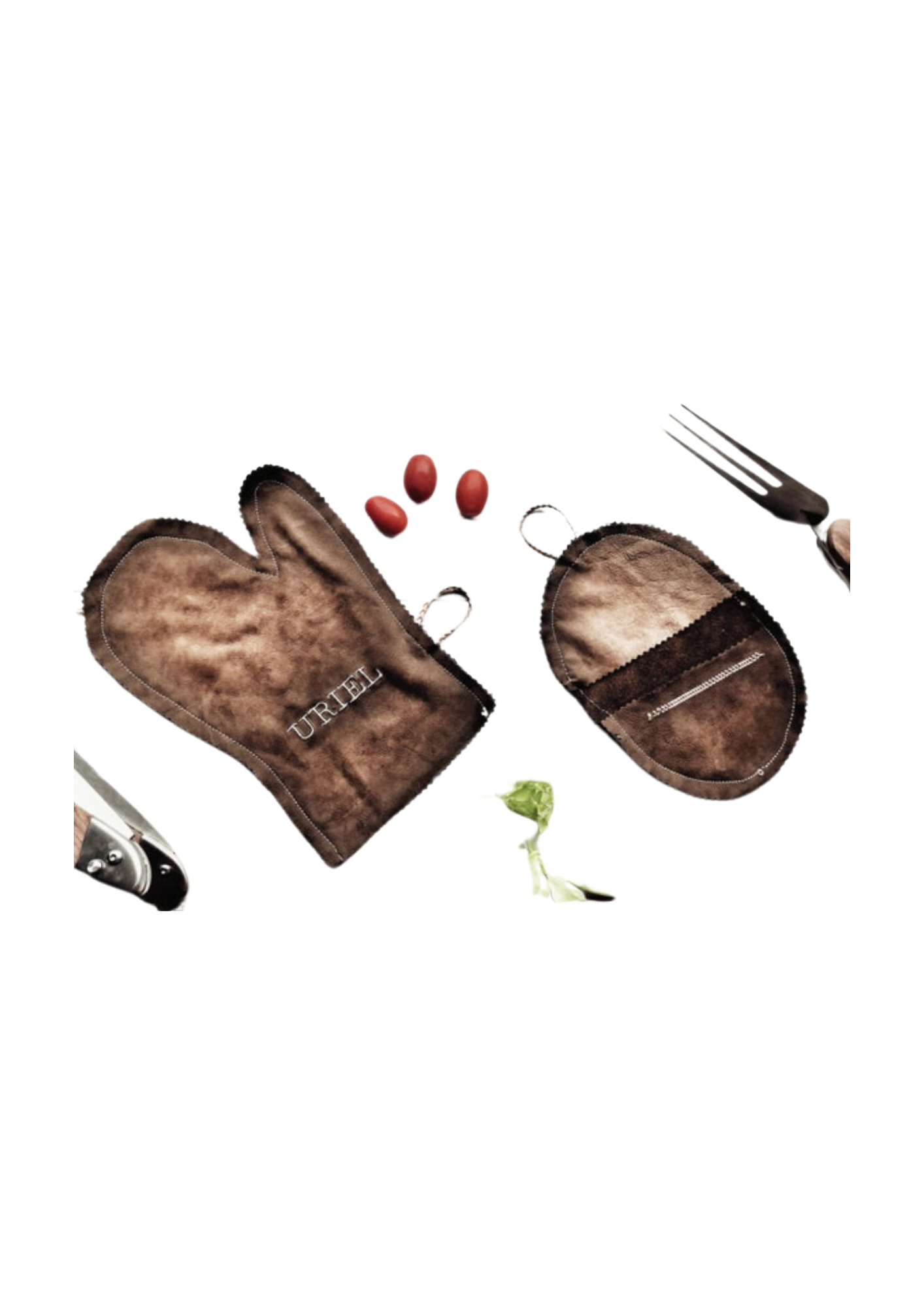 Set of Full Grain Leather Gloves and Pot Holder with Stamped Initials