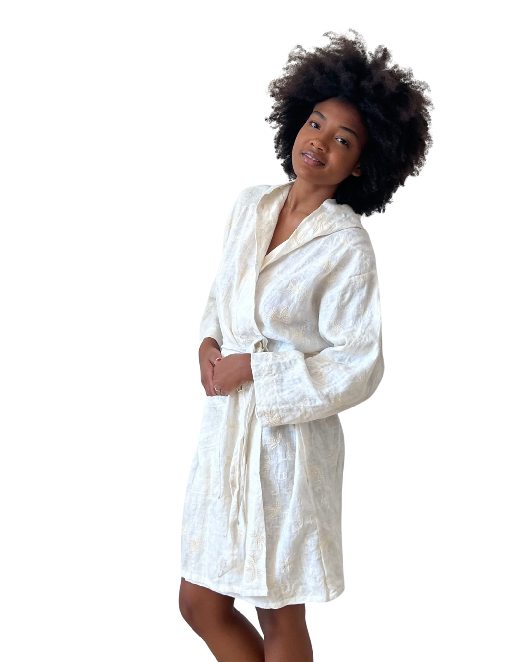 Miona Embroidered Linen Hooded Robe - Image 3